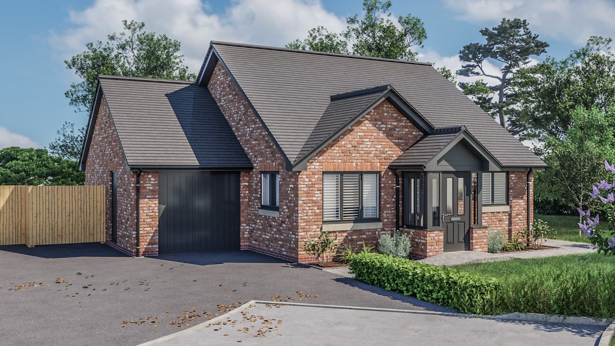 Three-bedroom red brick bungalow (Kinton house type) at The Mulberries, new homes development in Ellesmere, Shropshire