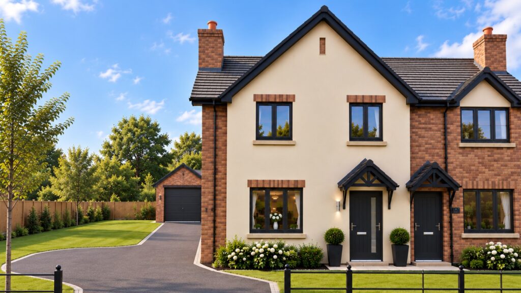 Computer-generated image of Plot 6, The Blenheim, a 3-bedroom semi-detached home with a private driveway and front garden at The Mulberries, Dudleston Heath